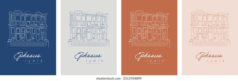 Izmir Ephesus line drawing vector, 4 different backgrounds. Translation: "Ephesus, Izmir"