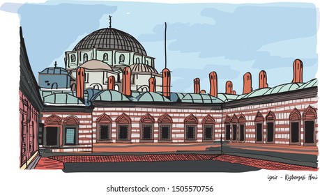 izmir kizlaragasi hani mosque illustration