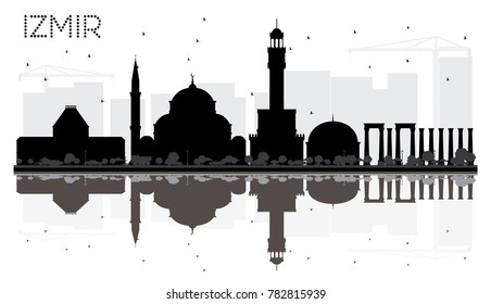 Izmir Turkey City Skyline Black and White Silhouette with Reflections. Business travel concept. Izmir Cityscape with Landmarks.