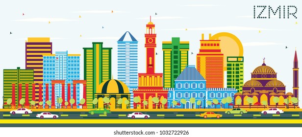 Izmir Turkey City Skyline with Color Buildings and Blue Sky. Vector Illustration. Business Travel and Tourism Concept with Modern Architecture. Izmir Cityscape with Landmarks.