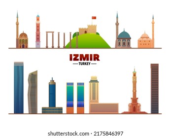 Izmir (Turkey) city skyline vector at white background. Flat vector illustration. Business travel and tourism concept with modern buildings. Image for banner or website.