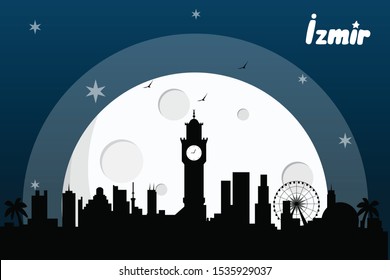 izmir Turkey skyline silhouette vector design  on a full moon night