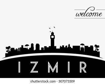 Izmir Turkey skyline silhouette vector illustration, black and white design.