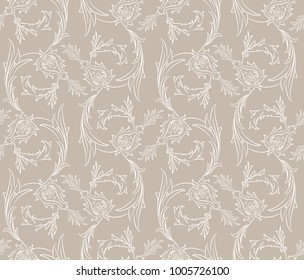 Iznik style floral swirl motif seamless pattern design with Ottoman flower decorations, leaves and stylized blossoms, classic repeating background for print and web