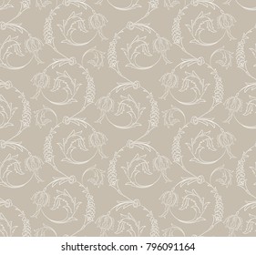 Iznik style floral swirl motif seamless pattern design with Ottoman flower decorations, leaves and stylized blossoms, classic repeating background for print and web