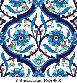 Iznik tile seamless pattern design, classical Ottoman Turkish style floral decoration, repeating background with stylized flowers in quatrefoil grid