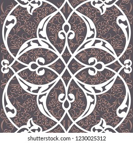 Iznik tile seamless pattern design, classical Ottoman Turkish style floral decoration, repeating background with stylized flowers and twirl rumi lines