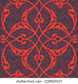 Iznik tile seamless pattern design, classical Ottoman Turkish style floral decoration, repeating background with stylized flowers and twirl rumi lines