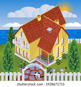 Izometric house on the seashore surrounded by trees and bushes against the backdrop of clouds and sun. Country cottage with traced details, a fence, a path, a cat and birds.Vector illustration.