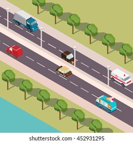 Izometricheskoye Highway with the delivery truck,van of emergency medical care, the van selling ice cream, the Sedan and Suv.Landscape with the road with lamps and trees.3D a vector in flat style.