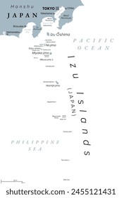 Izu Islands, volcanic island group of Japan, gray political map. Located in the Pacific, part of Tokyo Prefecture, stretching from Izu Peninsula of Honshu south to Sofu Iwa, and largest island Oshima.
