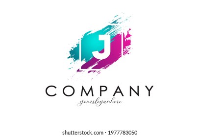 J Abstract Brush Letter Logo Design with White Frame in Vibrant Blue and Purple Vector Illustration.
