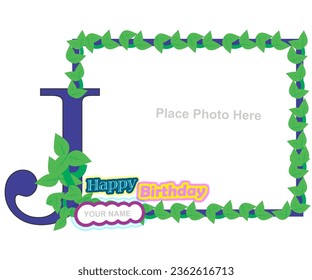 J alphabet and happy birthday in leafy border in square and personal name cloud