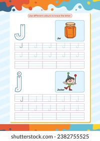 J alphabet tracing practice worksheet. Educational coloring book page with outline vector illustration for preschool