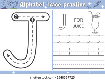 Planilha de prática de traçado do alfabeto J e página do livro de colorir suco com vetor de contorno para crianças pré-escolares
