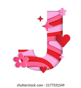 J Alphabet Valentines Day Love Abstract Character Font Letter Paper Lively Flower Heart Sparkle Shine Red Pink Mountain Geography Contour Map 3D Layer Paper Cutout Card Web Banner Vector Illustration