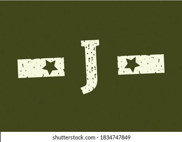 J badge letter Military, Army design with star on camouflage background. Grungy font vector illustration