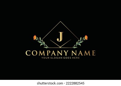 J Logo inicial del vector de belleza, letras doradas florales con hojas de flores y manchas doradas aisladas en fondo blanco. Ilustración vectorial para boda, tarjetas de felicitación, diseño de plantillas de invitaciones