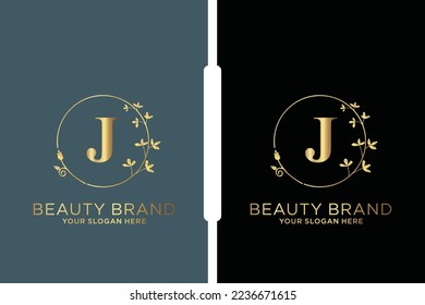 J Beauty vector initial logo, Golden floral letters with flowers leaves and gold splatters isolated on white background. Vector illustration for wedding, greeting cards, invitations template design