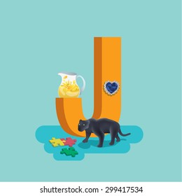 J - Children learning alphabet education set. Jug, juice, jaguar, jigsaw puzzle, jewelry,