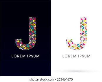 J ,Colorful font, concept mosaic pattern,designed using colors triangle geometric shape. on dark and white background, sign ,logo, symbol, icon, graphic, vector.
