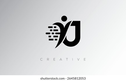  J Creative Digital Monogram Logo – Futuristic Letter mark Design Featuring Human Shape, Pixel Motion and Minimal Tech Style for Innovative Branding Identity