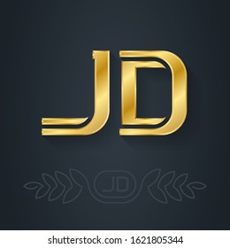 J and D - initials or gold logo. JD - Metallic 3d icon or logotype template. Vector design element with lineart option.