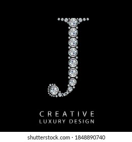 J diamond letter vector illustration. White gem symbol logo for your luxury business, casino, jewelry or web site. Upper letter with many sparkling diamonds isolated on black background.