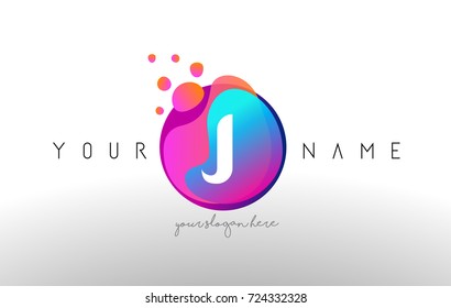 J Dots Letter Logo With Bubbles. A Letter Design Vector with Vibtant Blue Orange Magenta Colors Particles Shapes.