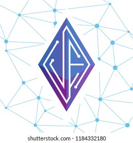 J E Initial letter block chain logo icon vector template. Looping mono line circuit letter on rhombus cube logo