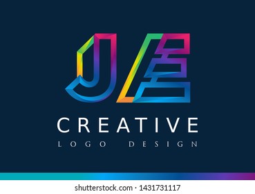 J E Logo. JE Letter Design Vector with Magenta blue and green yellow color.