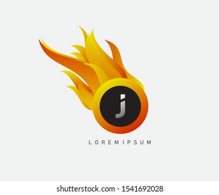 J Fire Letter Logo Icon. Burning Circle Badge With J Letter Logo Icon. Technology Logo Concept.