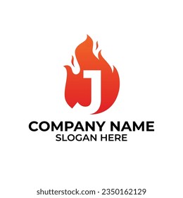 Vector del logotipo de llama J. Plantilla de la llama del logotipo de la letra J, iniciales del logotipo del incendio