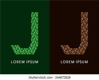 J , font, concept leaf and rock, designed using colors green and brown colors tone geometric shape on dark background, sign ,logo, symbol, icon, graphic, vector.