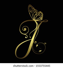 J gold monogram with butterfly with beautiful wings logo on black background 