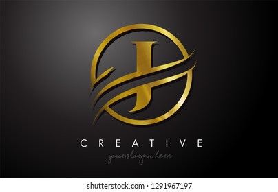 J Golden Letter Logo Design with Circle Swoosh and Gold Metal Texture. Creative Metal Gold J Letter Design Vector Illustration.