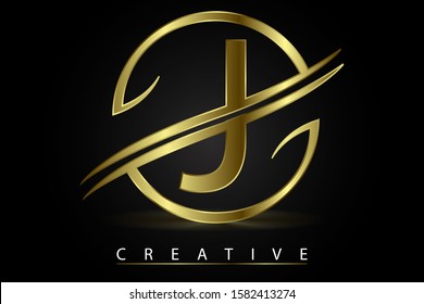 J Golden Letter Logo Design Vector Illustration with Circle Swoosh and Gold Metal Texture. Creative Metallic Letter for Company Name, Label, Icon, Cover, Emblem, Print, Textile, Card or Web Page.