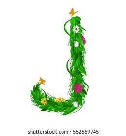 J Green eco letter with leaves and flowers for your design. Flat color style. Spring and summer concept. Vector Illustration