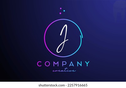 J handwritten alphabet letter logo with dots and pink blue circle. Corporate creative template design for company and business