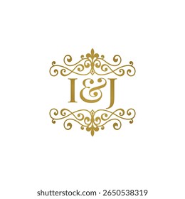 I J inisial logo ornamen emas. Huruf IJ ampersand pernikahan atau simbol mitra bisnis.