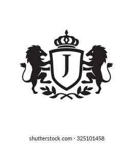 J initial business, clean luxury crest logo with lions