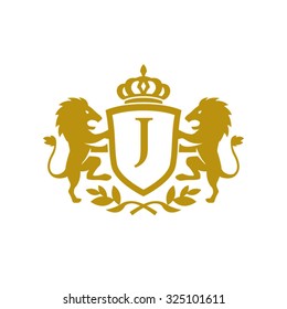 J initial business, clean luxury crest logo with lions