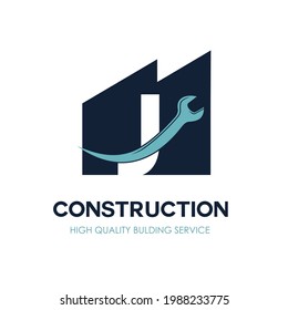 J Initial Letter for Flat Minimalist Modern Construction Logo Design. Simple renovation business logo with wrench equipment tool. Building repair and maintenance brand