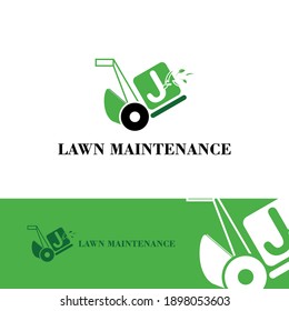 J Initial Letter with grass machine for Lawn Care, garden, maintenance and Landscape Logo Design Vector Template
