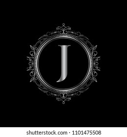 J initial letter logo with luxury ornament. Silver color edition