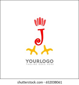 J Initial Letter With Rooster or Cock Icon Logo. Chicken vector illustration