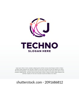 J initial Pixel technology logo designs concept vector, Network Internet Digital Wire logo