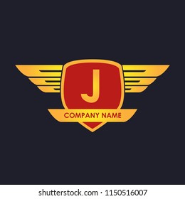 J initial shield with wings gold color logo