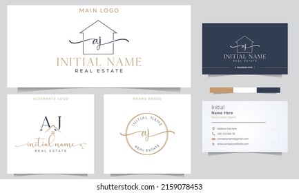 A J JA Initial handwriting Real estate signature logo with business card design vector template. 