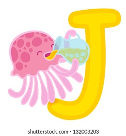 J for jellyfish, jar and juice. Letter for funny alphabet.